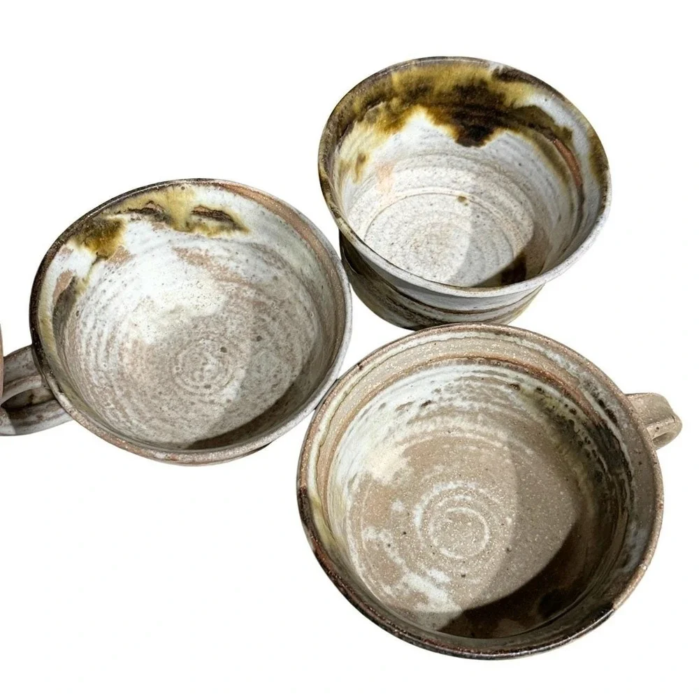 Vintage Studio Pottery Soup Tureen w Lid + 3 Bowls Hand Thrown‎ Stoneware
